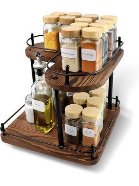 New 2 Tier Pine Wood Spice Rack 360 Rotating Lazy Susan 11.8 in Shelf Tray